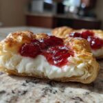 Cross-section of a flaky Gluten-Free Strawberry Cream Cheese Danish showing rich cream cheese filling and strawberry topping.