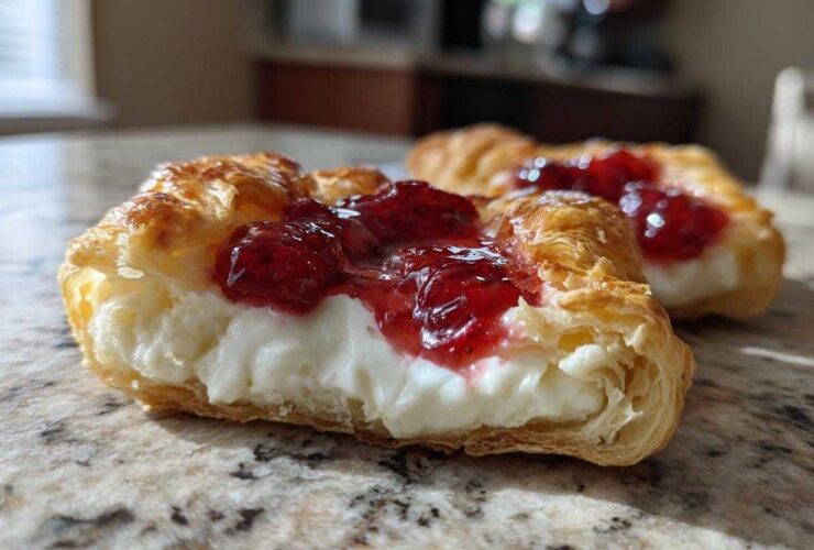 Cross-section of a flaky Gluten-Free Strawberry Cream Cheese Danish showing rich cream cheese filling and strawberry topping.