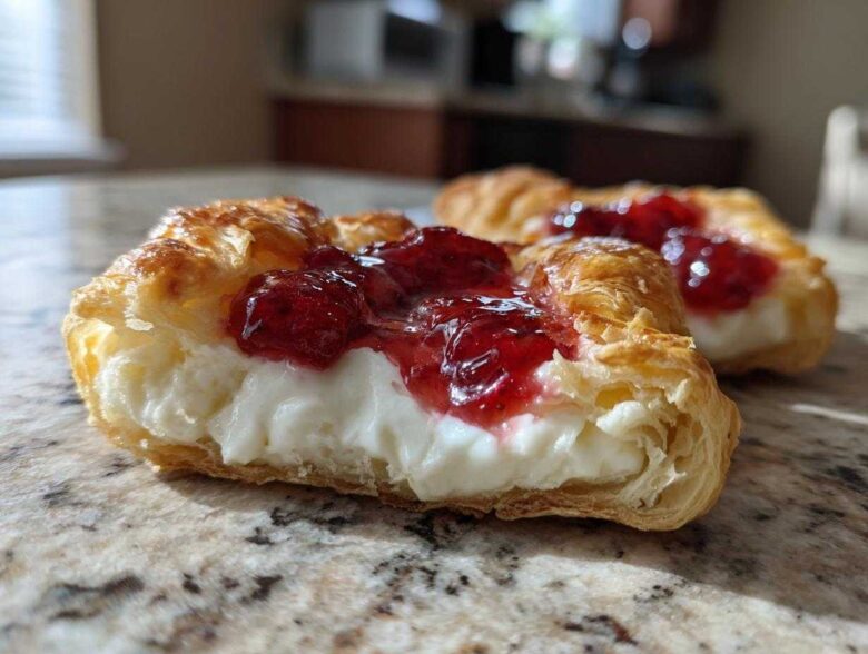 Cross-section of a flaky Gluten-Free Strawberry Cream Cheese Danish showing rich cream cheese filling and strawberry topping.