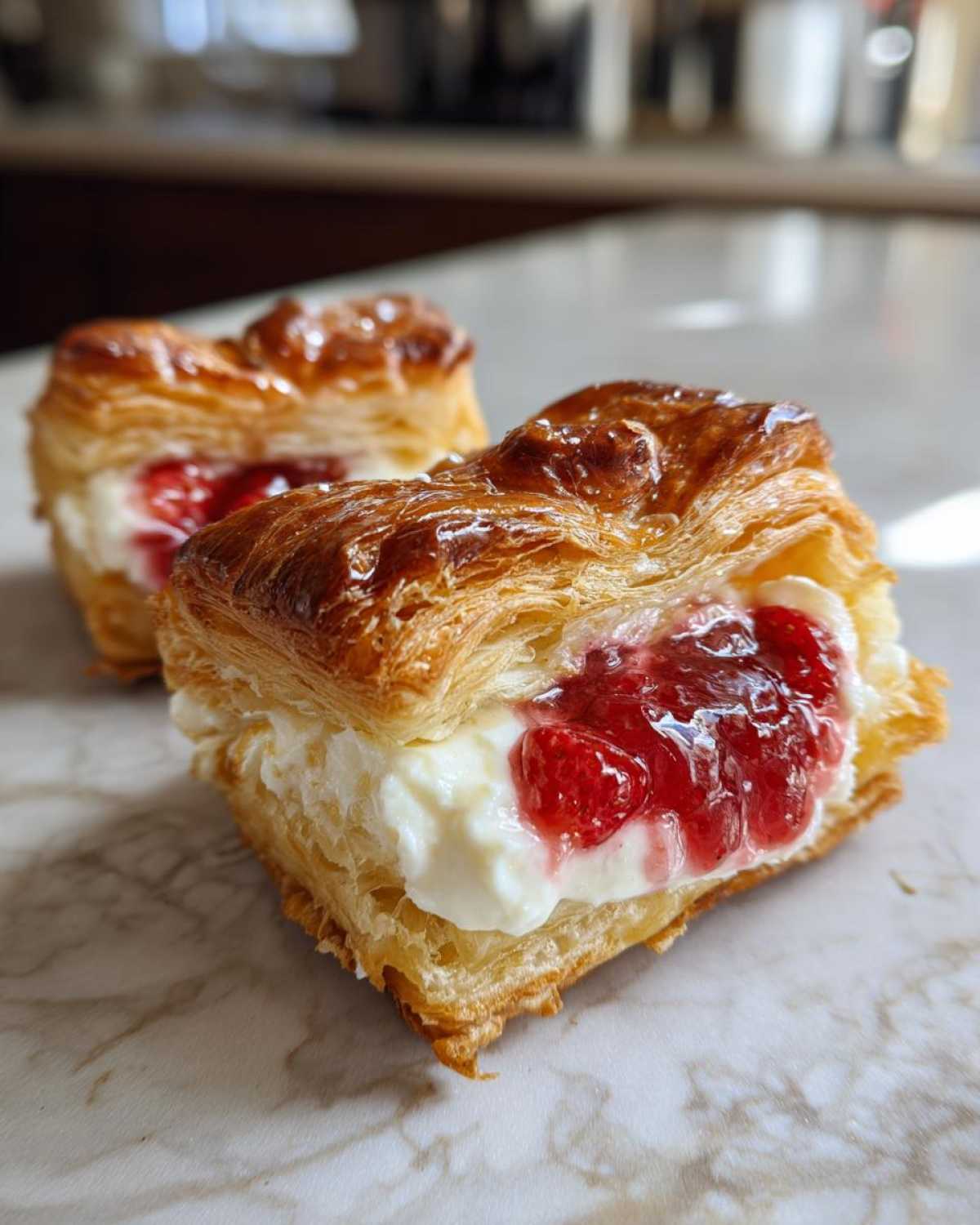 Two flaky Gluten-Free Strawberry Cream Cheese Danishes filled with cream cheese and strawberry jam, resting on a marble surface.