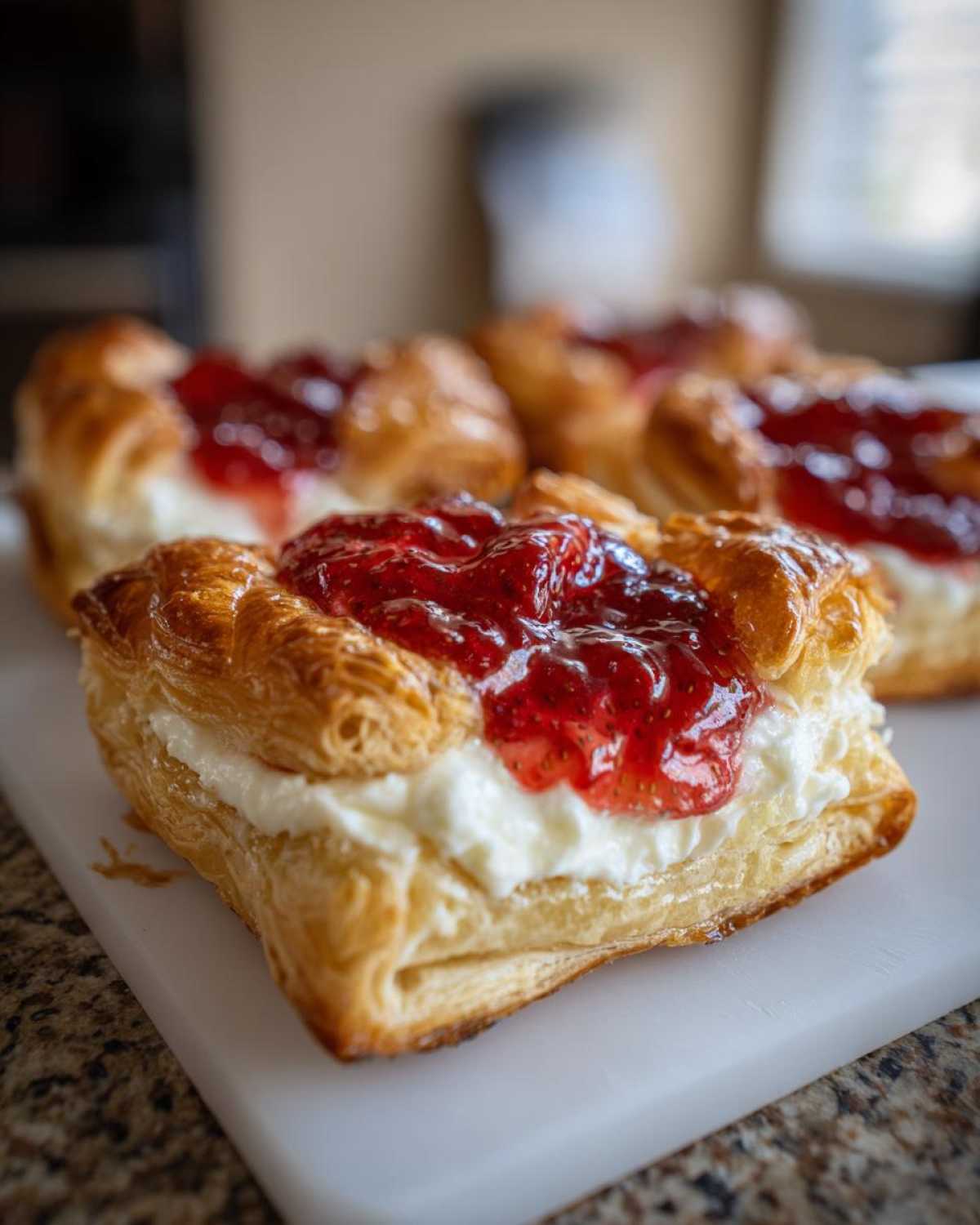 A close-up of a flaky pastry square topped with cream cheese and strawberry preserves, one of several Gluten-Free Strawberry Cream Cheese Danishes.
