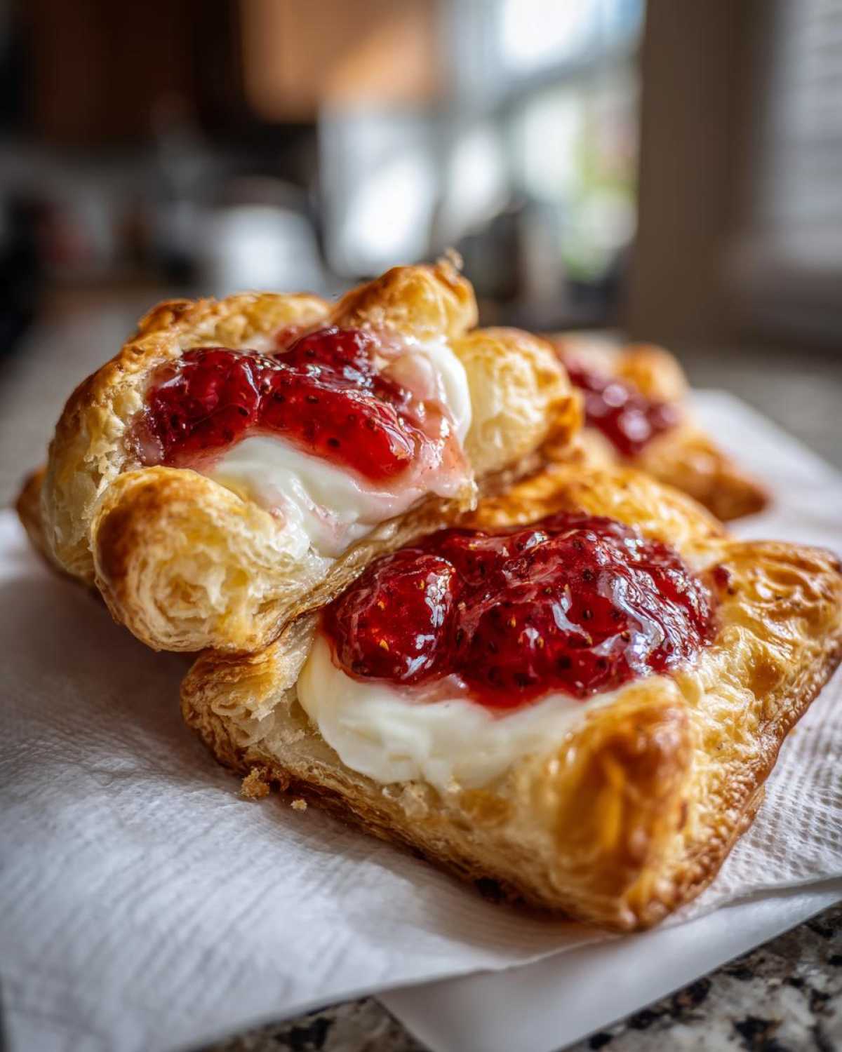 Close-up of flaky Gluten-Free Strawberry Cream Cheese Danishes topped with cream cheese and bright red strawberry jam.