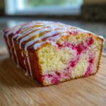 Close-up of a sliced Gluten-Free Strawberry Lemon Pound Cake drizzled with white lemon glaze.