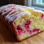 Close-up of a Gluten-Free Strawberry Lemon Pound Cake loaf with visible berries and white lemon glaze drizzle.