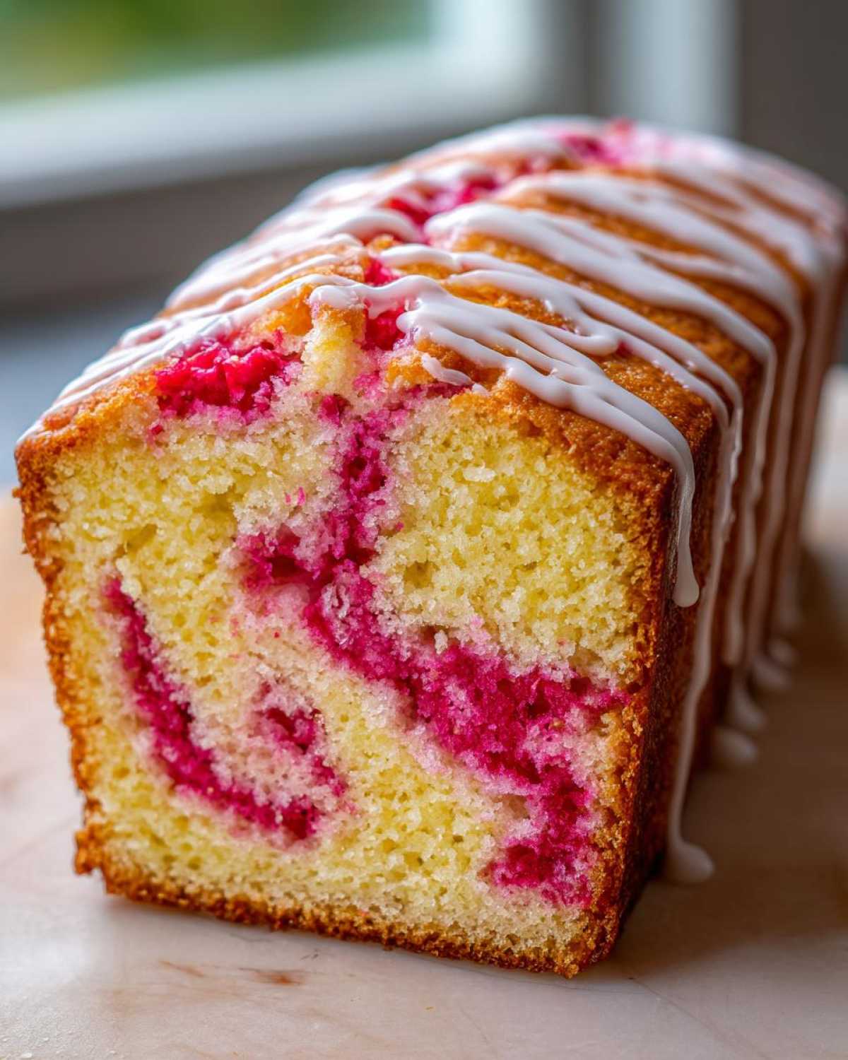 Close-up of a loaf of Gluten-Free Strawberry Lemon Pound Cake showing bright pink swirls and white glaze.