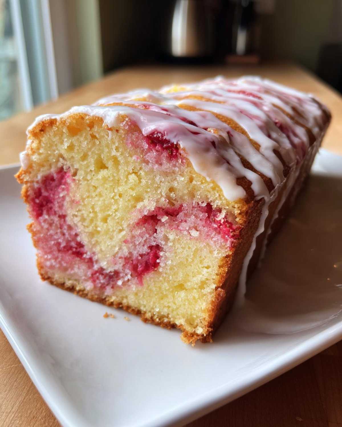A loaf of Gluten-Free Strawberry Lemon Pound Cake with a bright pink swirl and white lemon glaze drizzled on top.