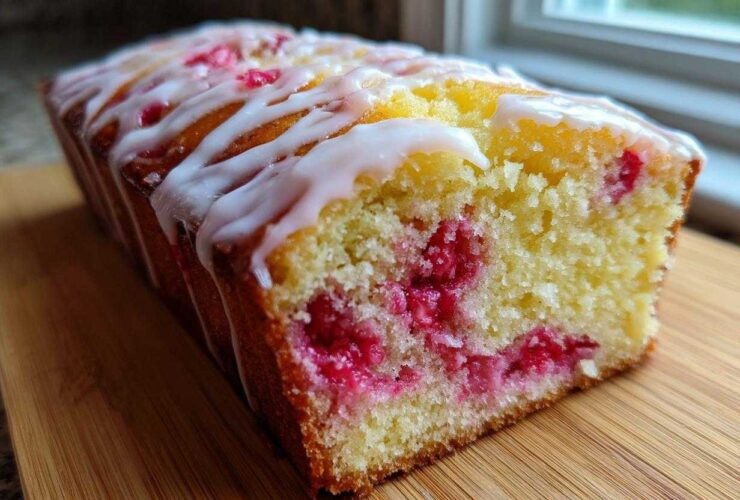 Close-up of a Gluten-Free Strawberry Lemon Pound Cake loaf with visible berries and white lemon glaze drizzle.