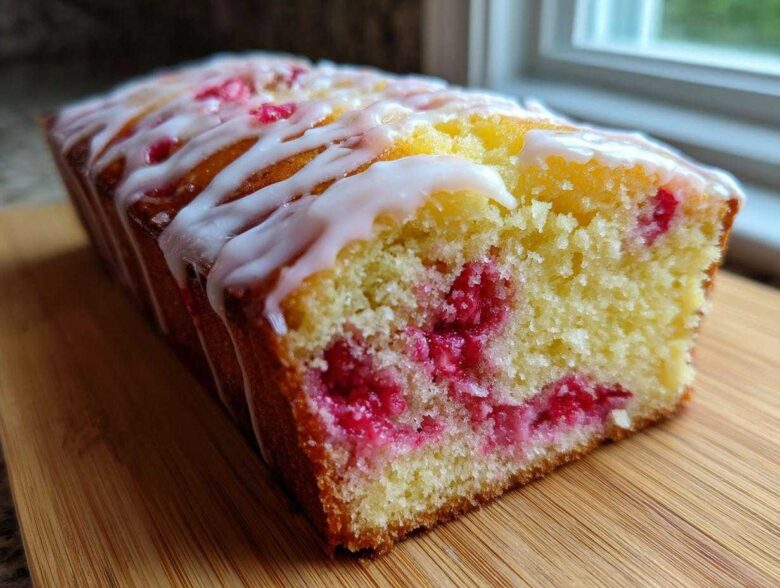 Close-up of a Gluten-Free Strawberry Lemon Pound Cake loaf with visible berries and white lemon glaze drizzle.