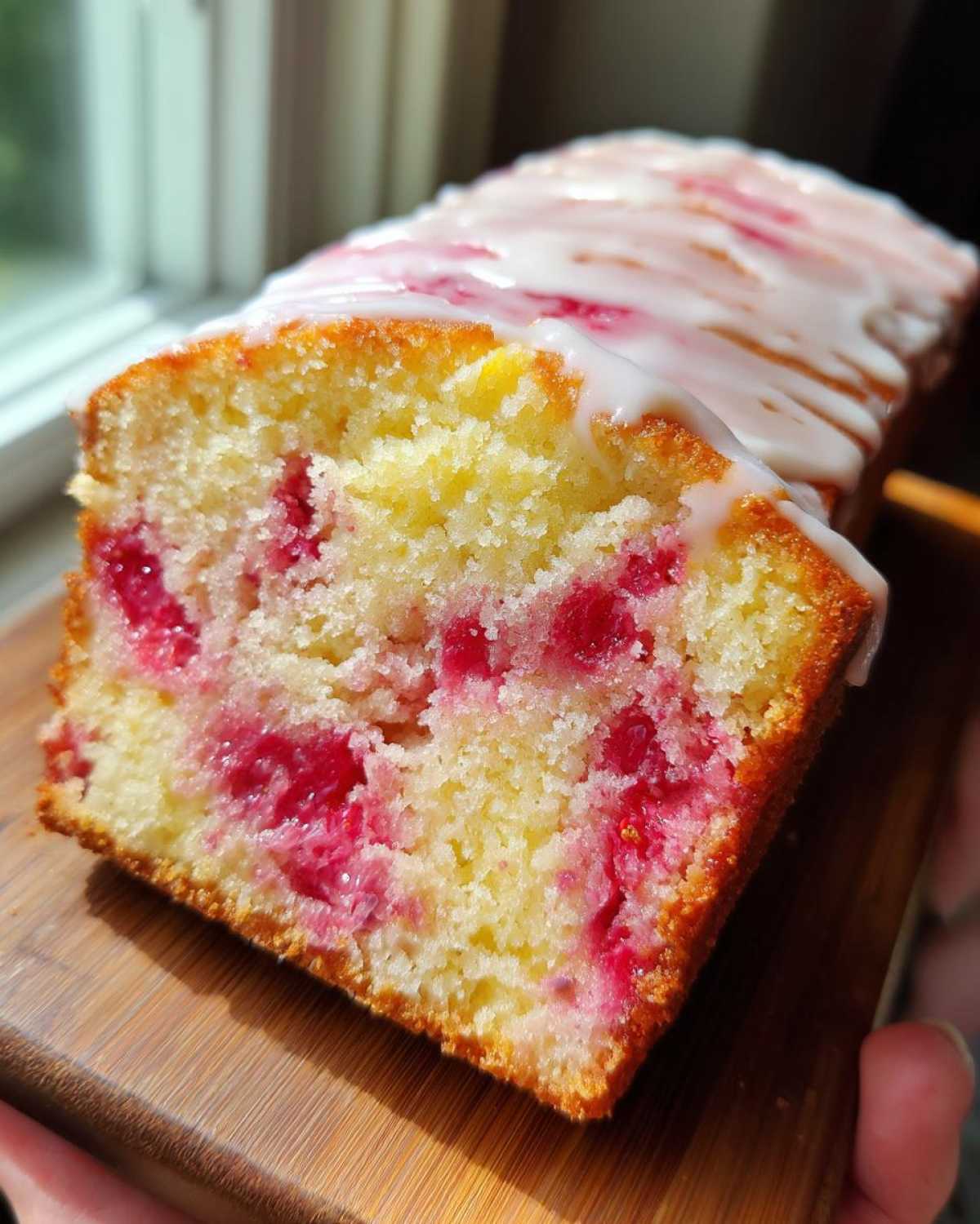 Cross-section of a moist Gluten-Free Strawberry Lemon Pound Cake showing bright pink strawberries baked inside and topped with a white lemon glaze.