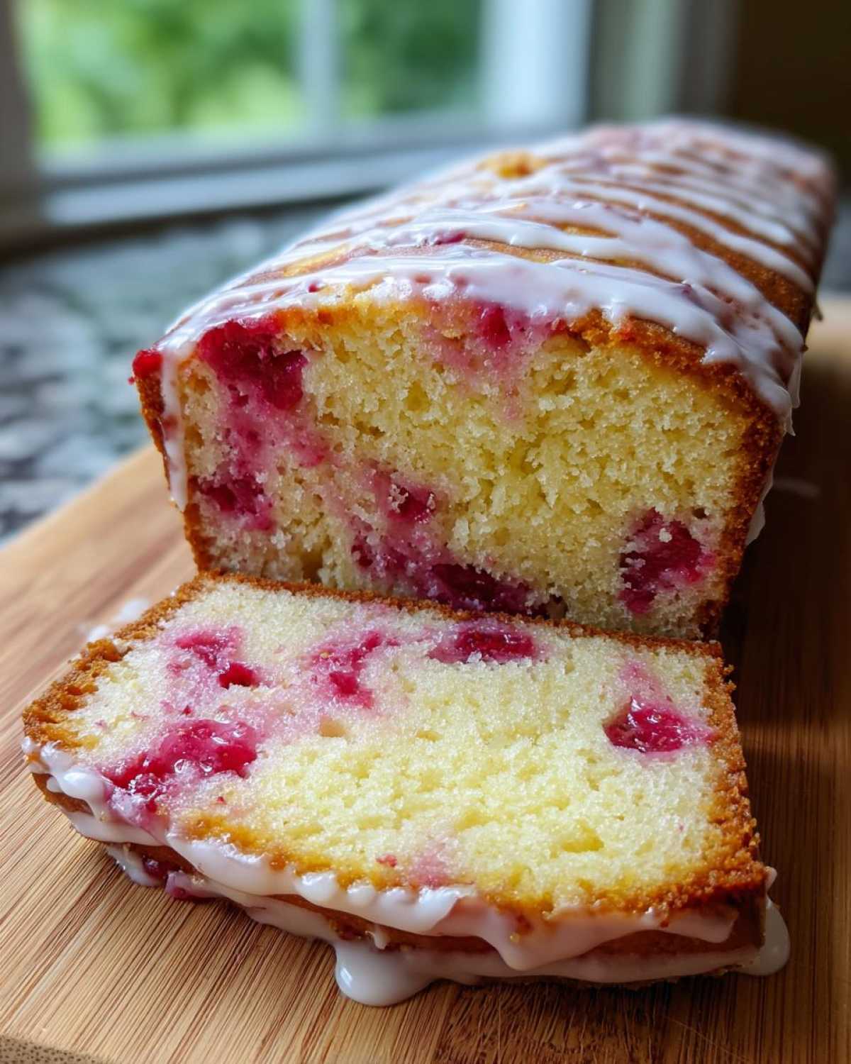 A loaf of Gluten-Free Strawberry Lemon Pound Cake, sliced to show the moist interior filled with strawberries and topped with a white lemon glaze.