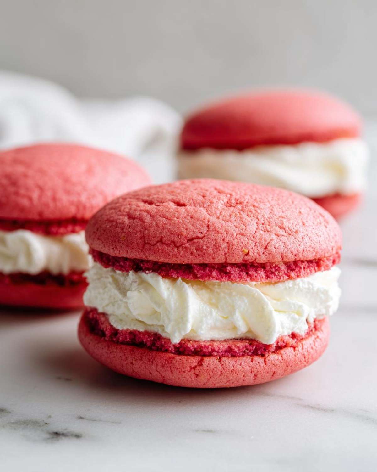 Close-up of a bright pink Gluten-Free Strawberry Lemon Whoopie Pie filled with fluffy white cream.