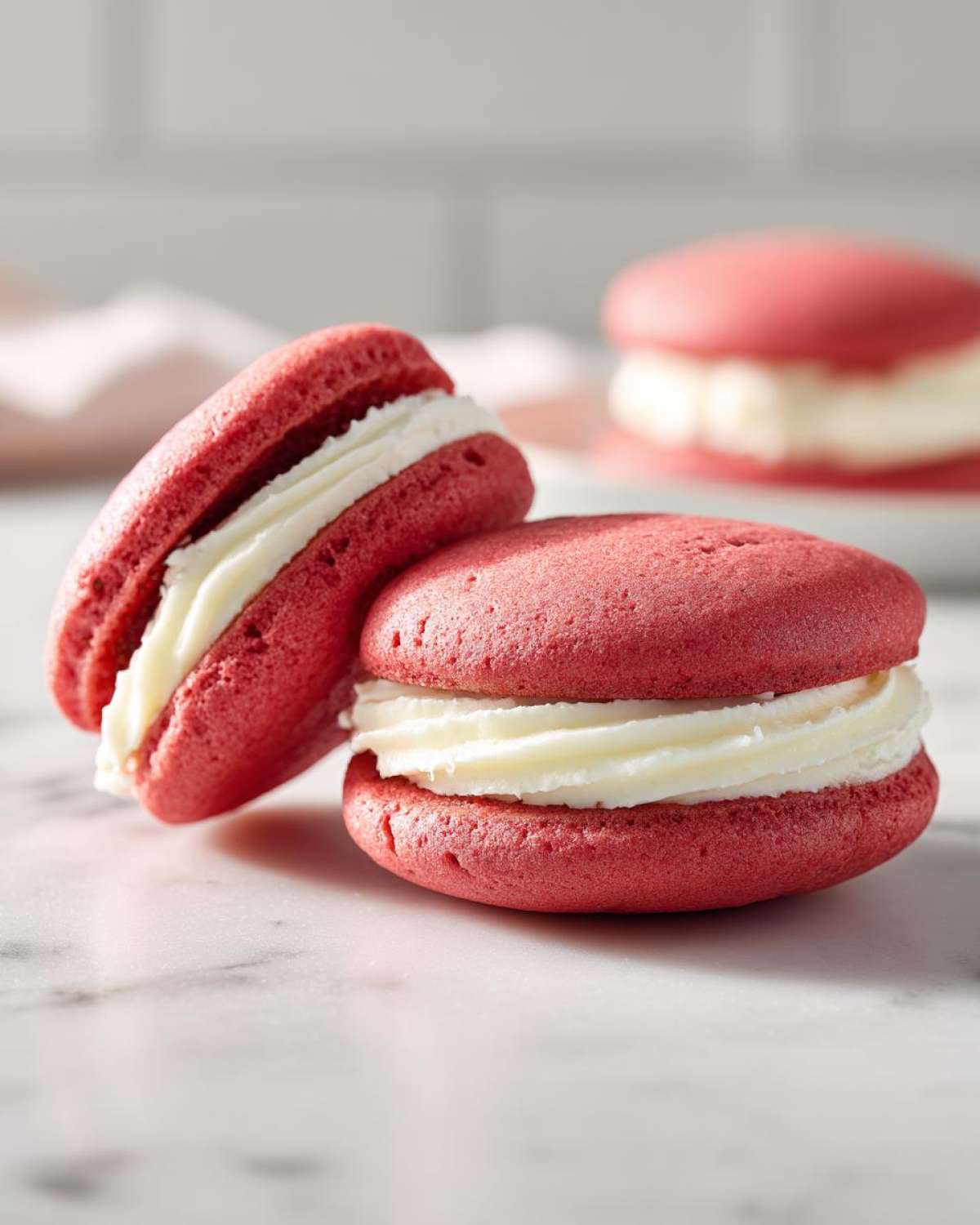 Close-up of two vibrant red Gluten-Free Strawberry Lemon Whoopie Pies filled with creamy white frosting.