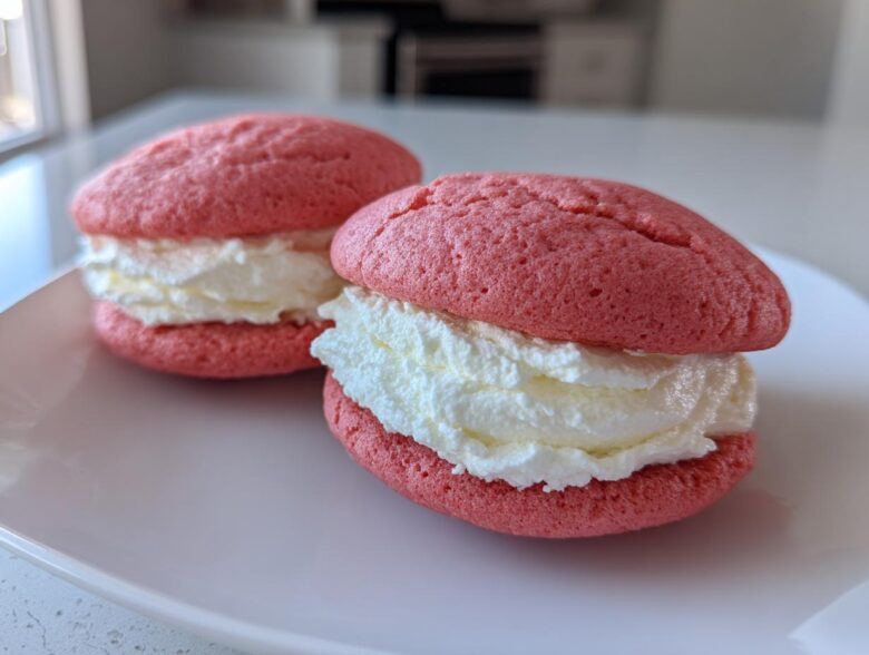 Two pink Gluten-Free Strawberry Lemon Whoopie Pies filled with thick white cream, resting on a white plate.