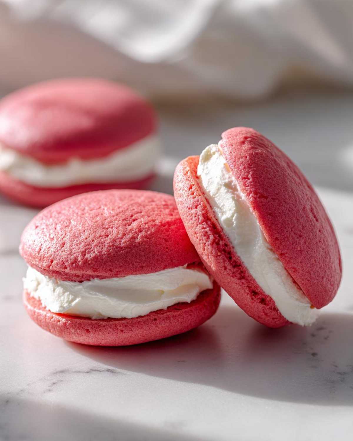 Three bright pink Gluten-Free Strawberry Lemon Whoopie Pies filled with thick white cream frosting on a marble surface.