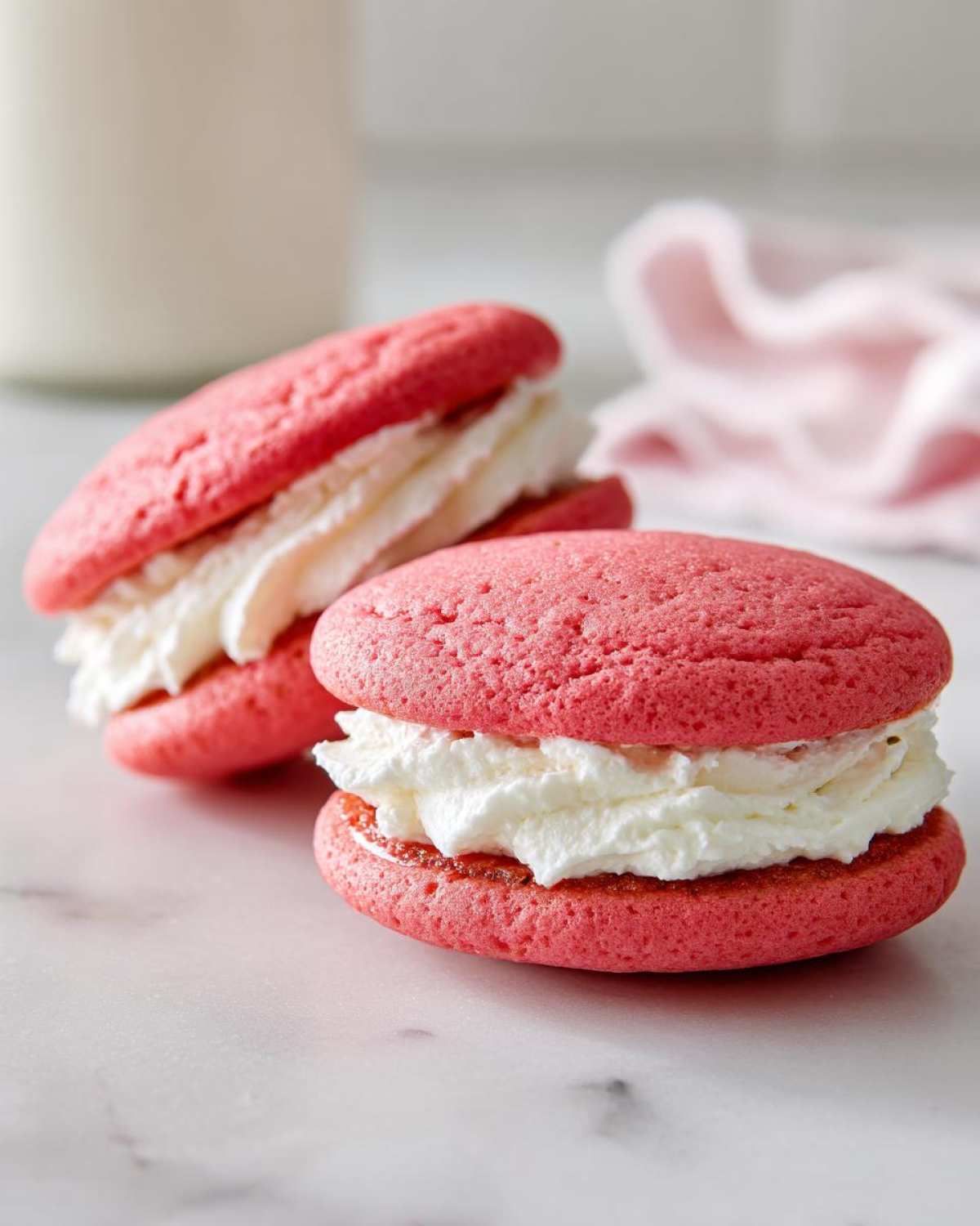 Two bright pink Gluten-Free Strawberry Lemon Whoopie Pies filled with thick white cream frosting on a marble surface.