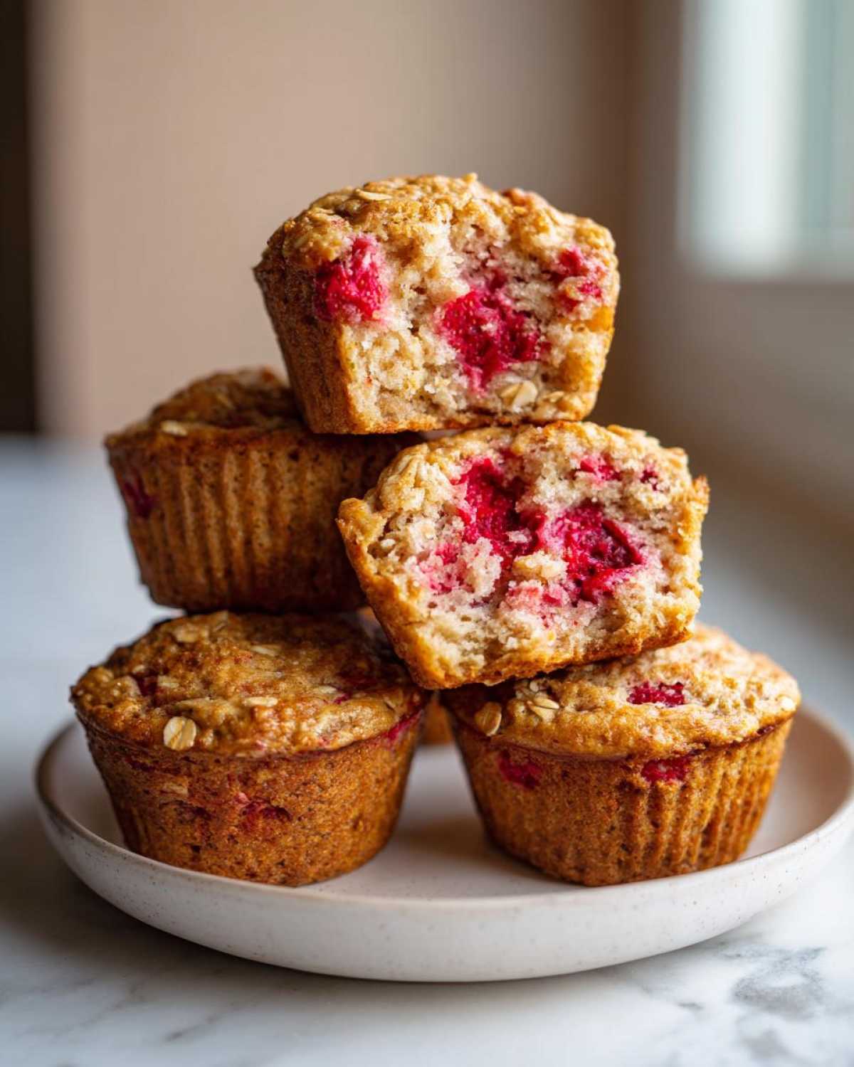 A stack of four Gluten-Free Strawberry Oat Muffins, with the top two cut open revealing bright red strawberry filling.