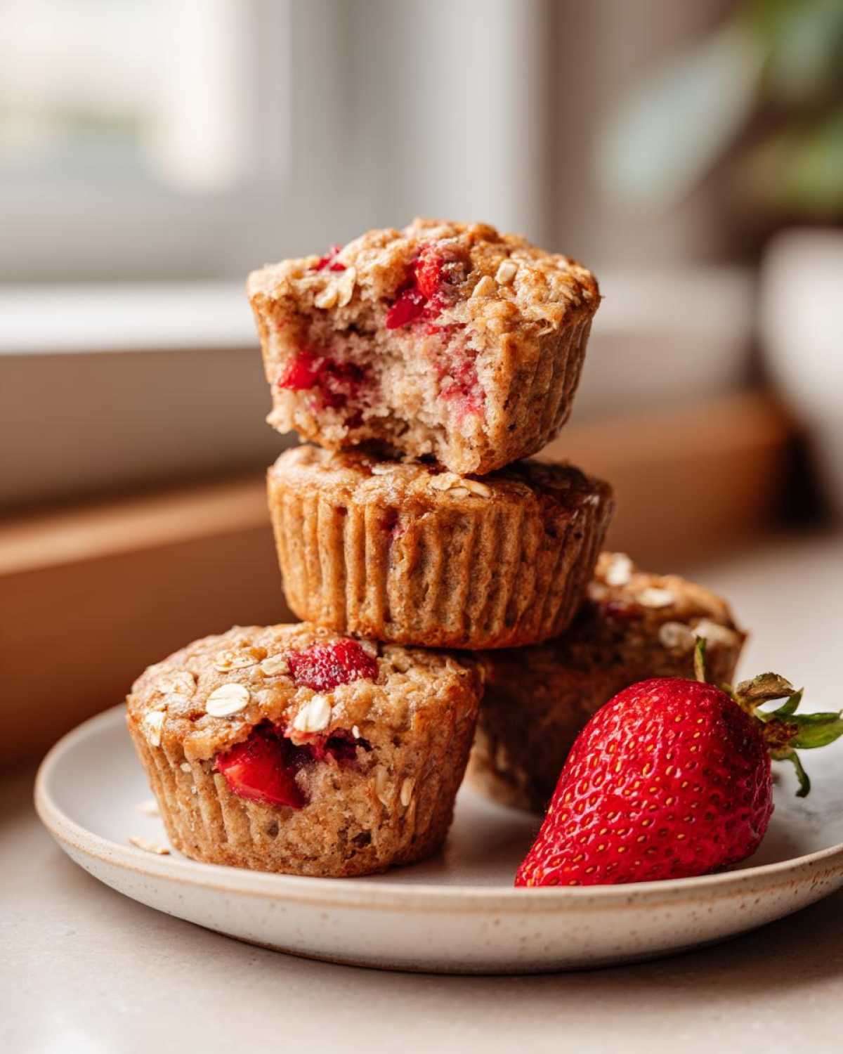 A stack of three Gluten-Free Strawberry Oat Muffins, one with a bite taken out, next to a fresh strawberry on a plate.