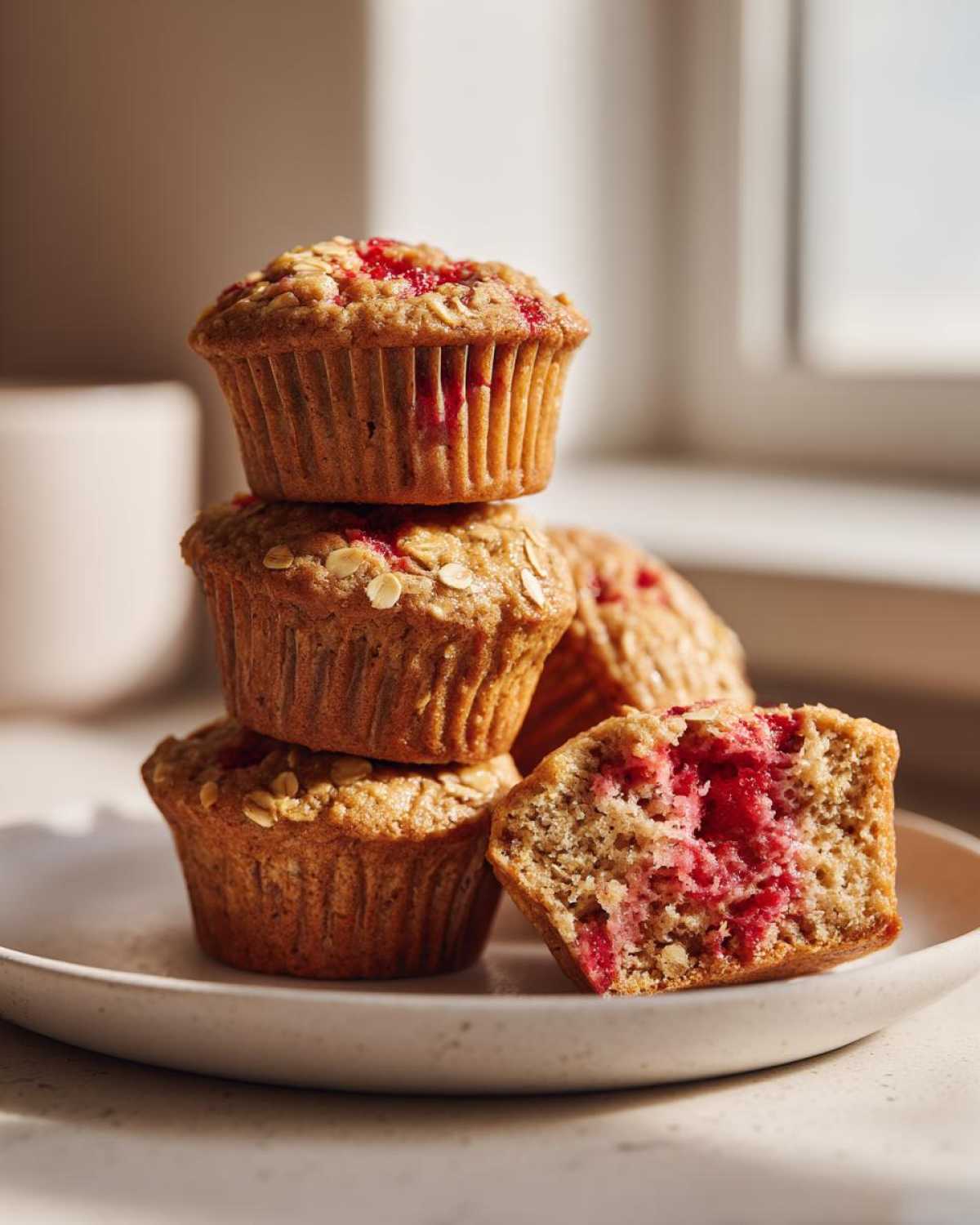 A stack of three Gluten-Free Strawberry Oat Muffins with one muffin cut in half showing the bright red strawberry interior.