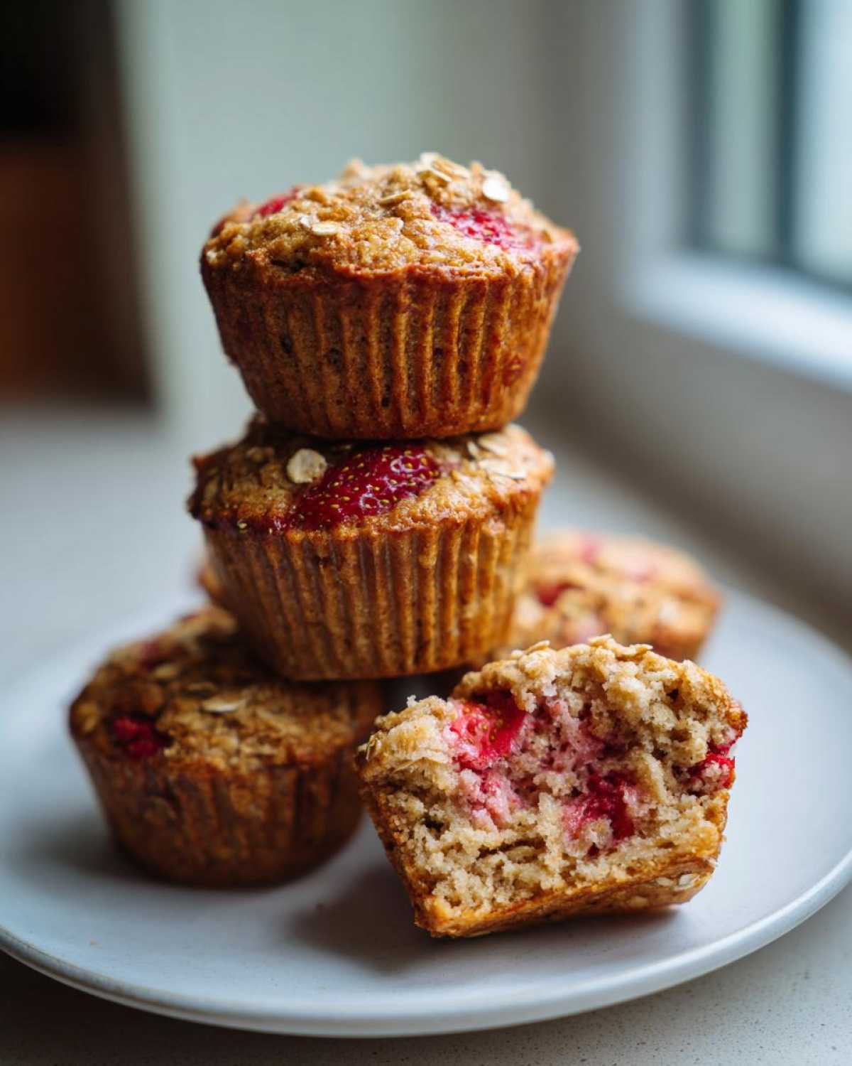 A stack of freshly baked Gluten-Free Strawberry Oat Muffins, with one muffin broken open showing the moist interior and strawberry filling.