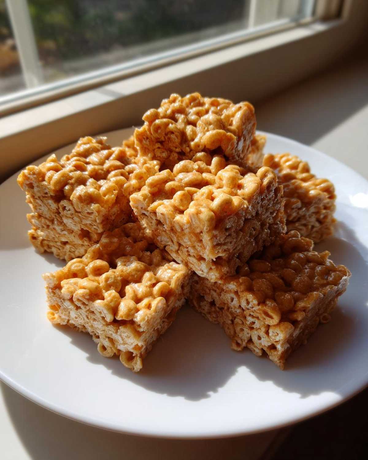 A stack of golden, chewy 3-ingredient cheerio bars resting on a white plate near a sunlit window.
