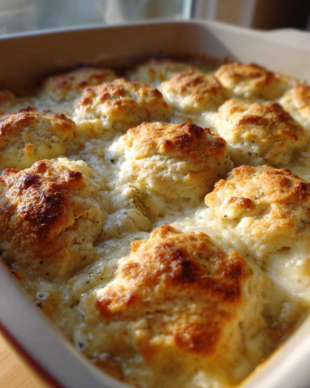 Close-up of golden brown biscuits baked atop creamy filling for chicken pot pie with biscuits.