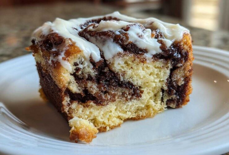 A close-up of a single, gooey slice of cinnamon roll cake topped with white icing.