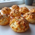 A close-up of several golden-brown High-Protein Cottage Cheese Bagel Bites topped with sesame and black seeds.