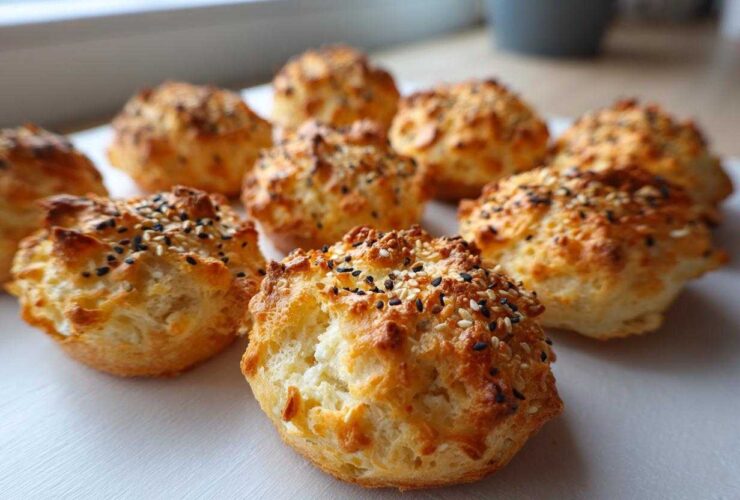 A close-up of several golden-brown High-Protein Cottage Cheese Bagel Bites topped with sesame and black seeds.