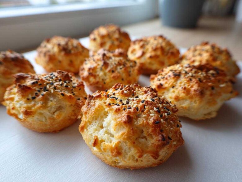 A close-up of several golden-brown High-Protein Cottage Cheese Bagel Bites topped with sesame and black seeds.