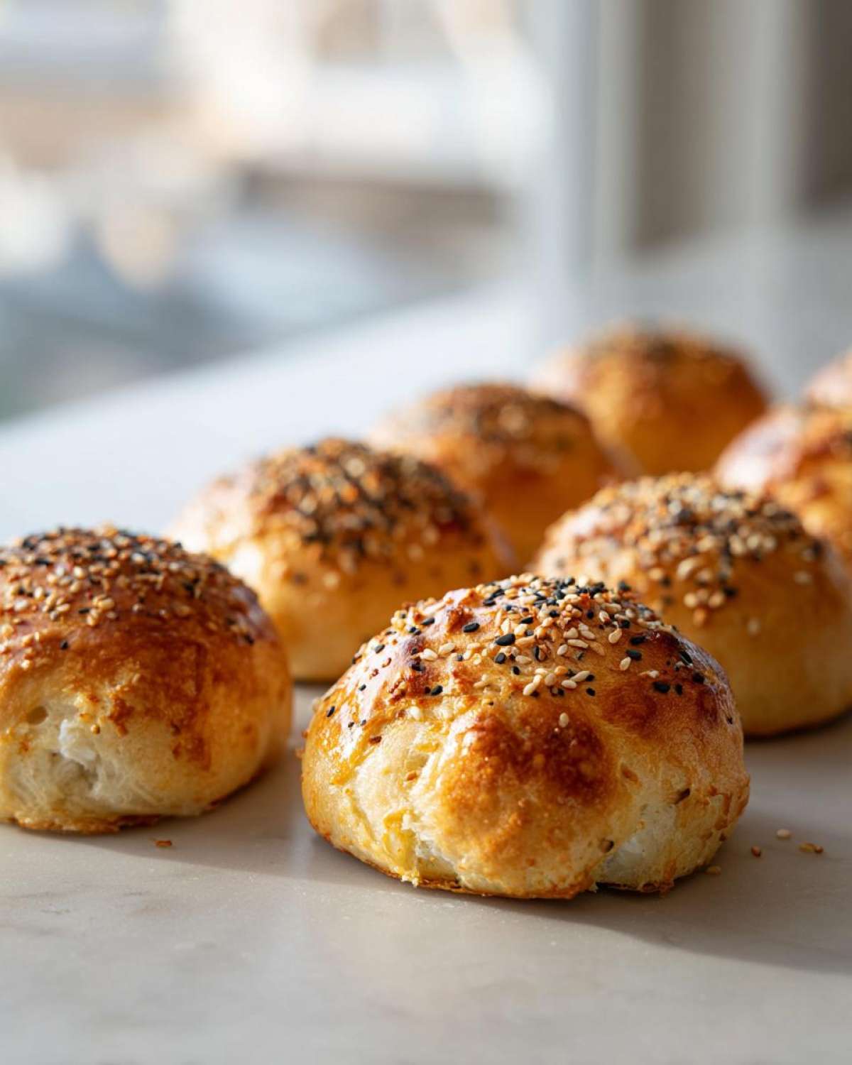 Close-up of several golden-brown High-Protein Cottage Cheese Bagel Bites topped with everything bagel seasoning.