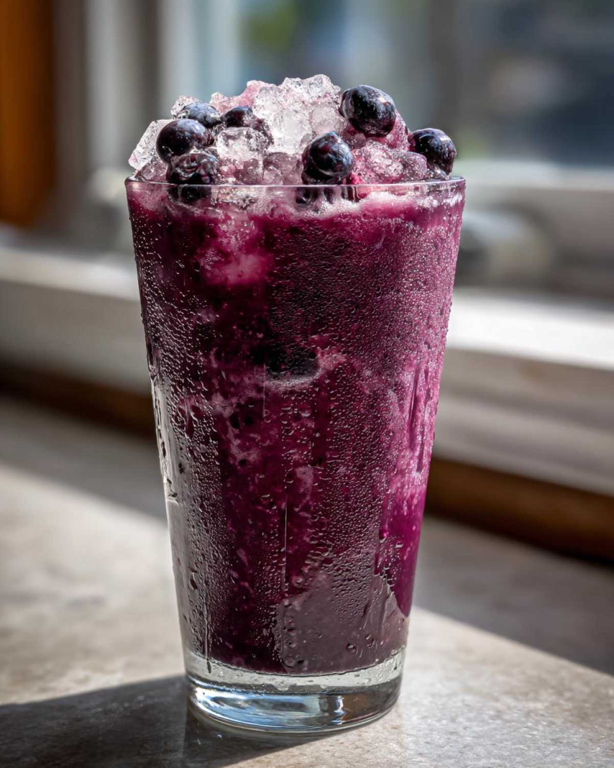 A tall glass filled with a vibrant purple Iced Blueberry Lemonade Slush, topped with crushed ice and whole blueberries.