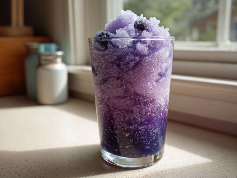 A tall glass filled with a vibrant purple Iced Blueberry Lemonade Slush, topped with shaved ice and whole blueberries.