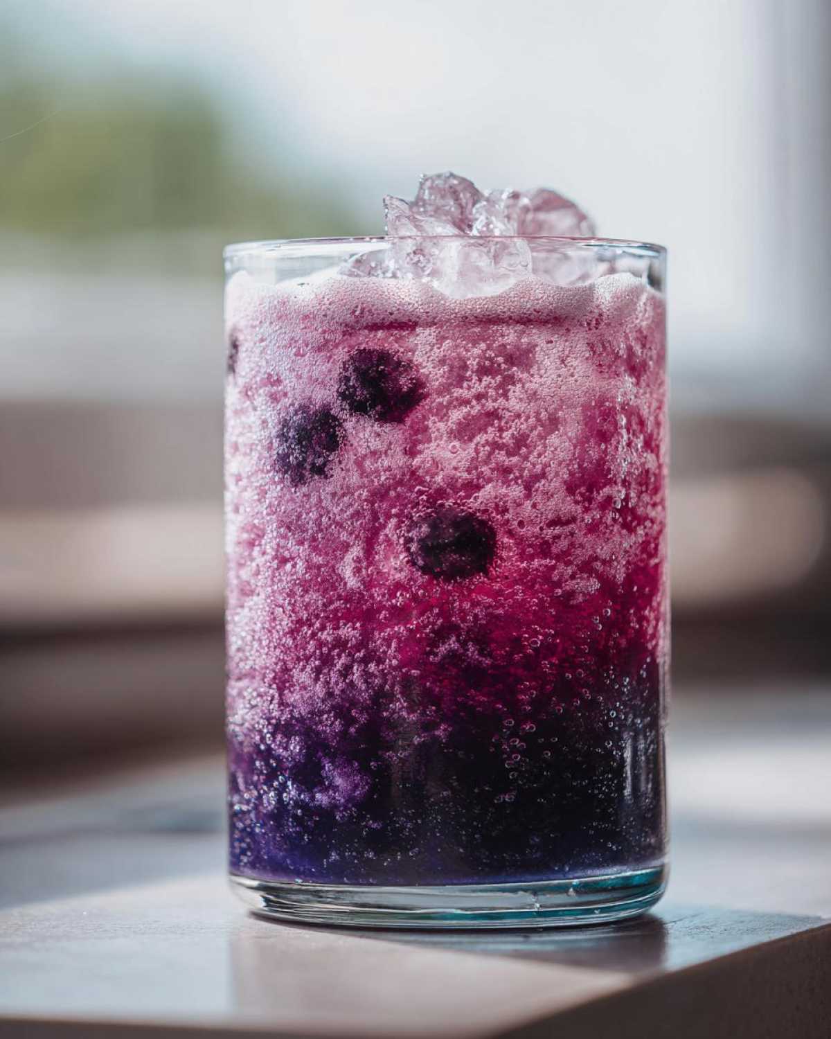 Close-up of a tall glass filled with a vibrant, fizzy Iced Blueberry Lemonade Slush showing purple and pink layers and crushed ice.