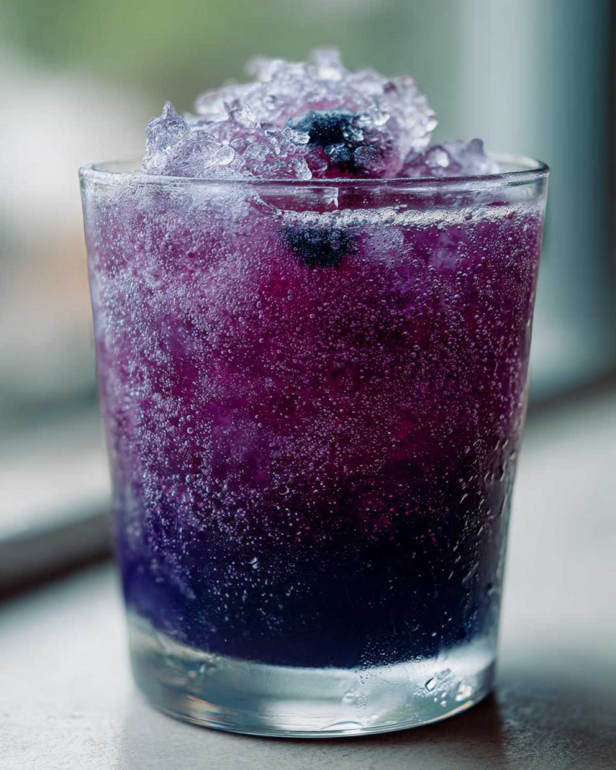 Close-up of a vibrant, deep purple Iced Blueberry Lemonade Slush topped with crushed ice and whole blueberries.