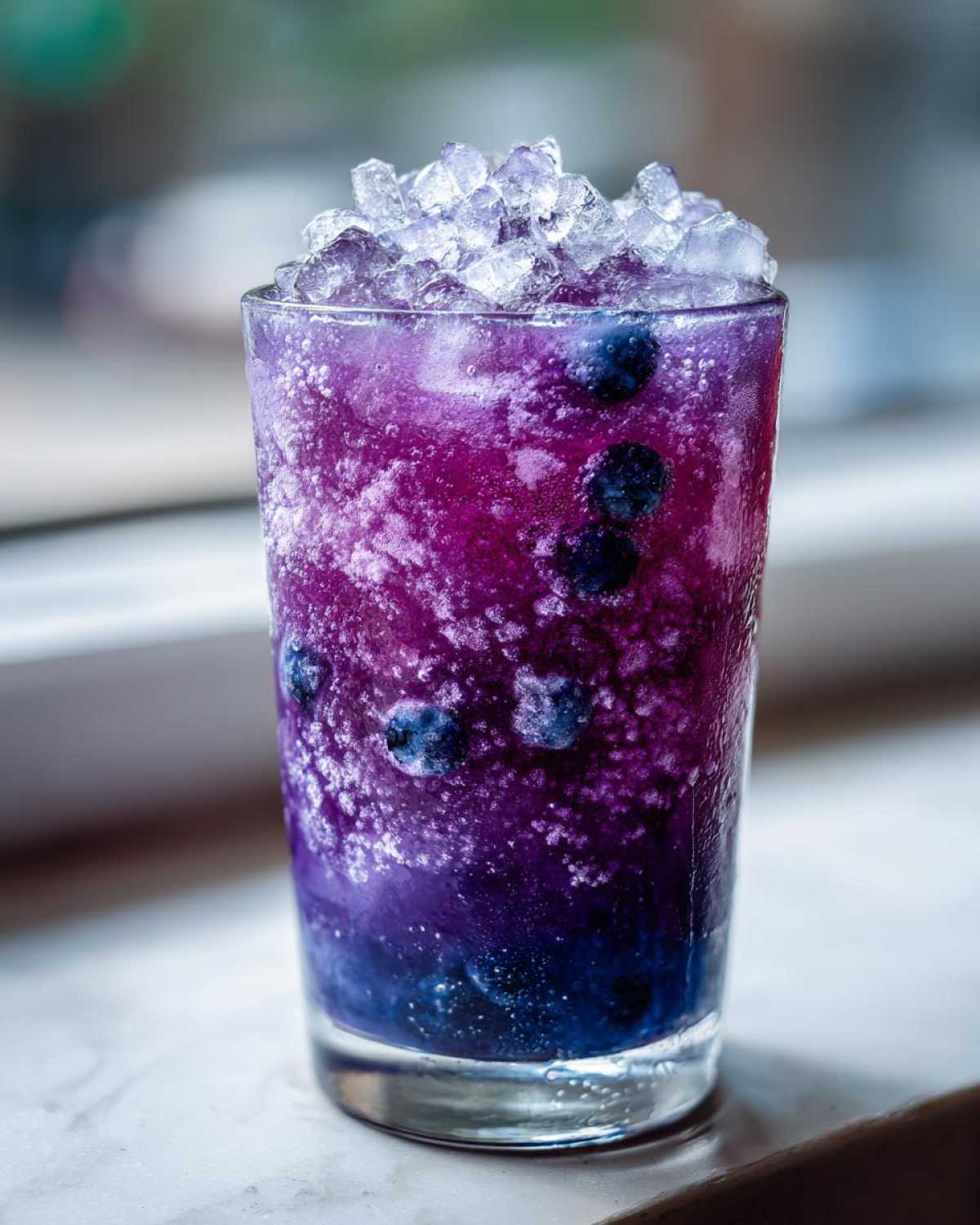 Close-up of a tall glass filled with a vibrant purple Iced Blueberry Lemonade Slush topped with crushed ice and whole blueberries.