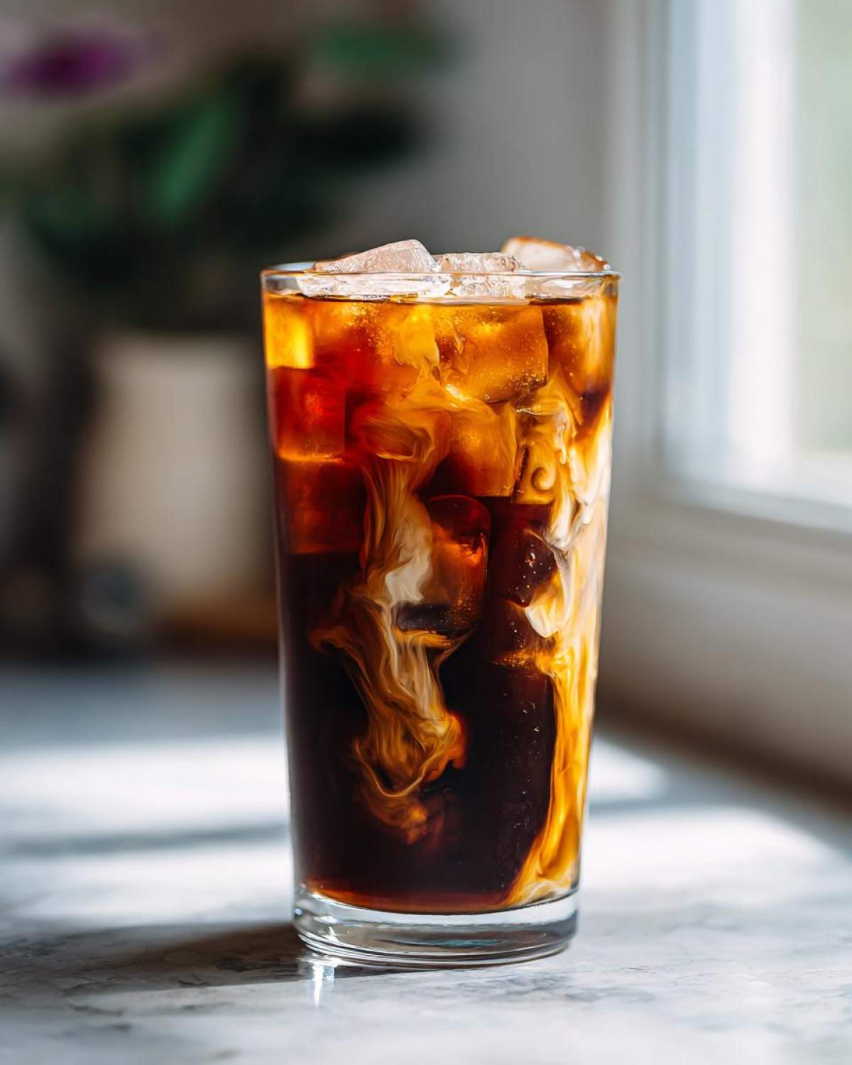 A tall glass filled with Iced Brown Sugar Cinnamon Cold Brew, showing cream swirling dramatically into the dark coffee over ice cubes.