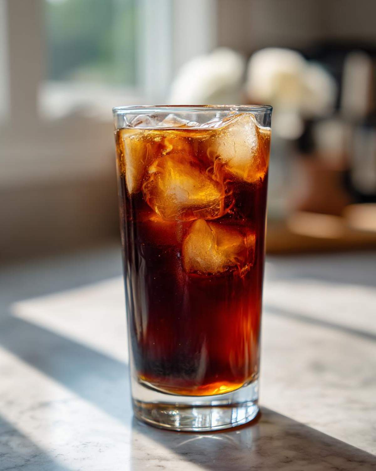 A tall glass filled with rich, dark Iced Brown Sugar Cinnamon Cold Brew and plenty of ice cubes, sitting on a marble counter.