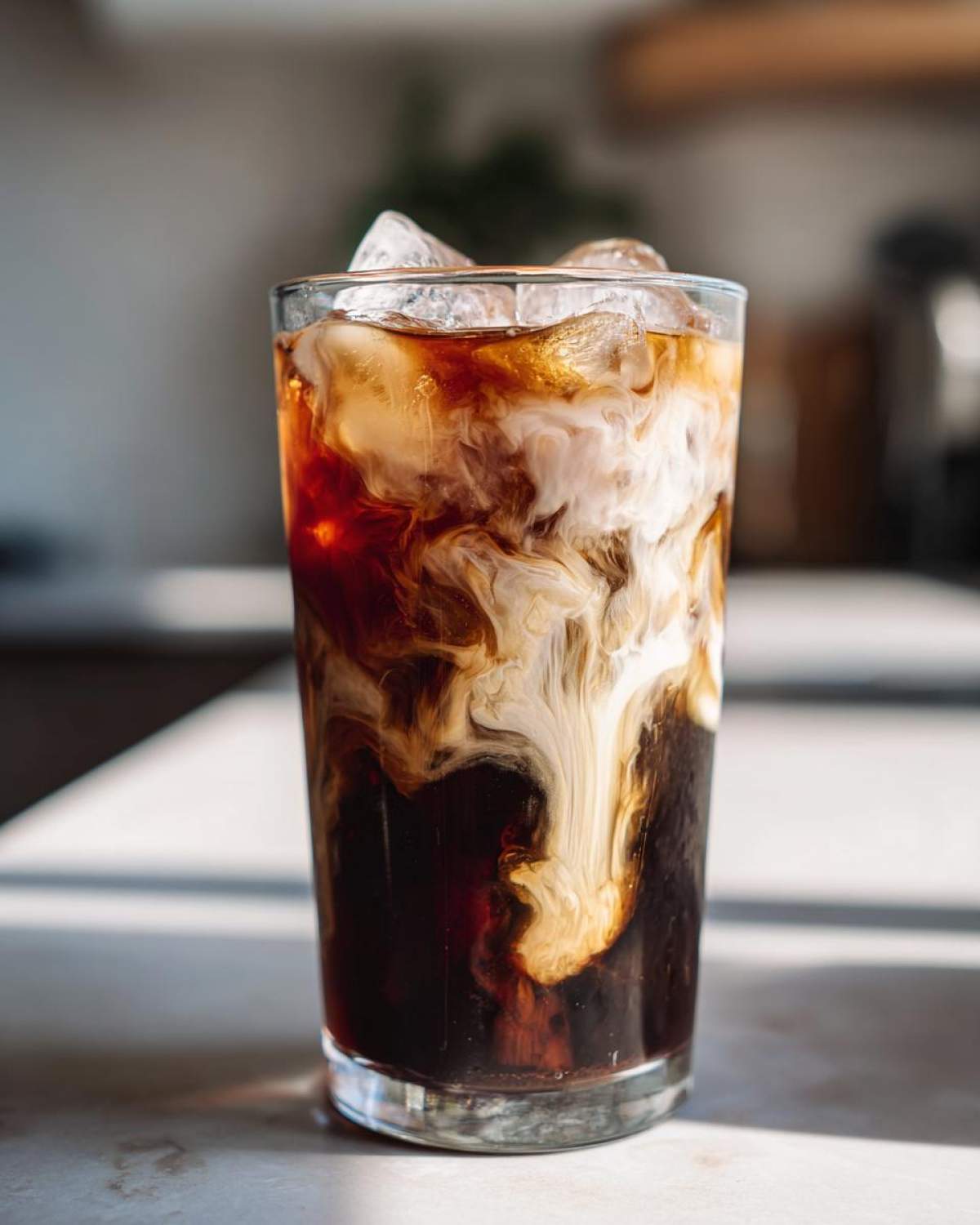 Close-up of an Iced Brown Sugar Cinnamon Cold Brew with cream swirling dramatically into the dark coffee over ice.