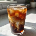 A tall glass of Iced Brown Sugar Cinnamon Cold Brew with milk or cream swirling into the dark coffee over ice.