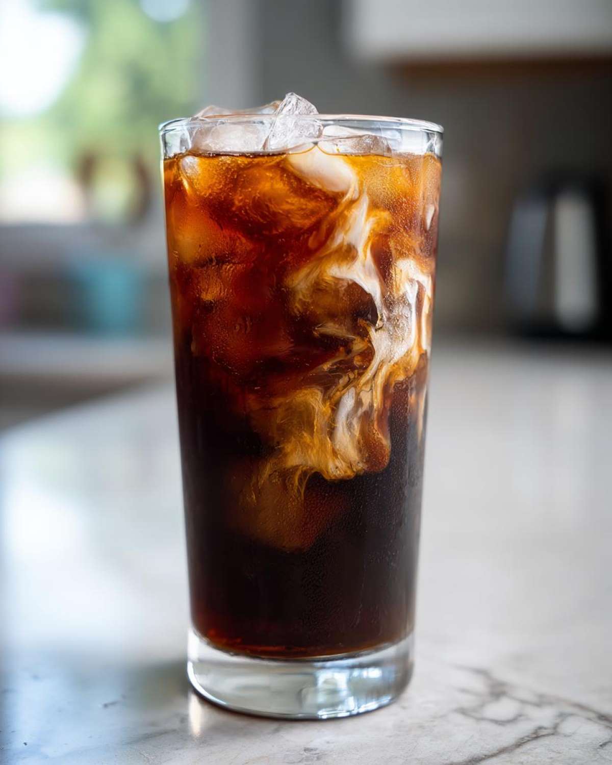 A tall glass of Iced Brown Sugar Cinnamon Cold Brew with ice and cream swirling into the dark coffee.
