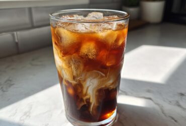 A tall glass of Iced Brown Sugar Cinnamon Cold Brew with milk or cream swirling into the dark coffee over ice.