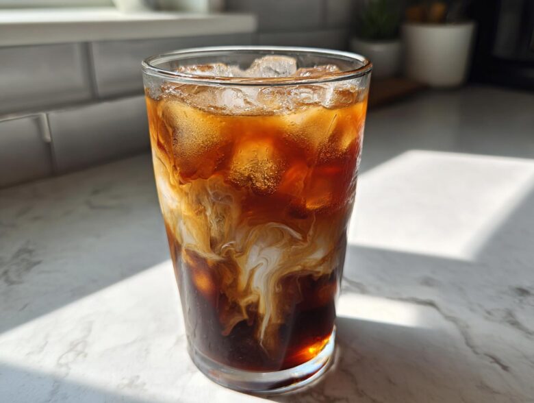 A tall glass of Iced Brown Sugar Cinnamon Cold Brew with milk or cream swirling into the dark coffee over ice.