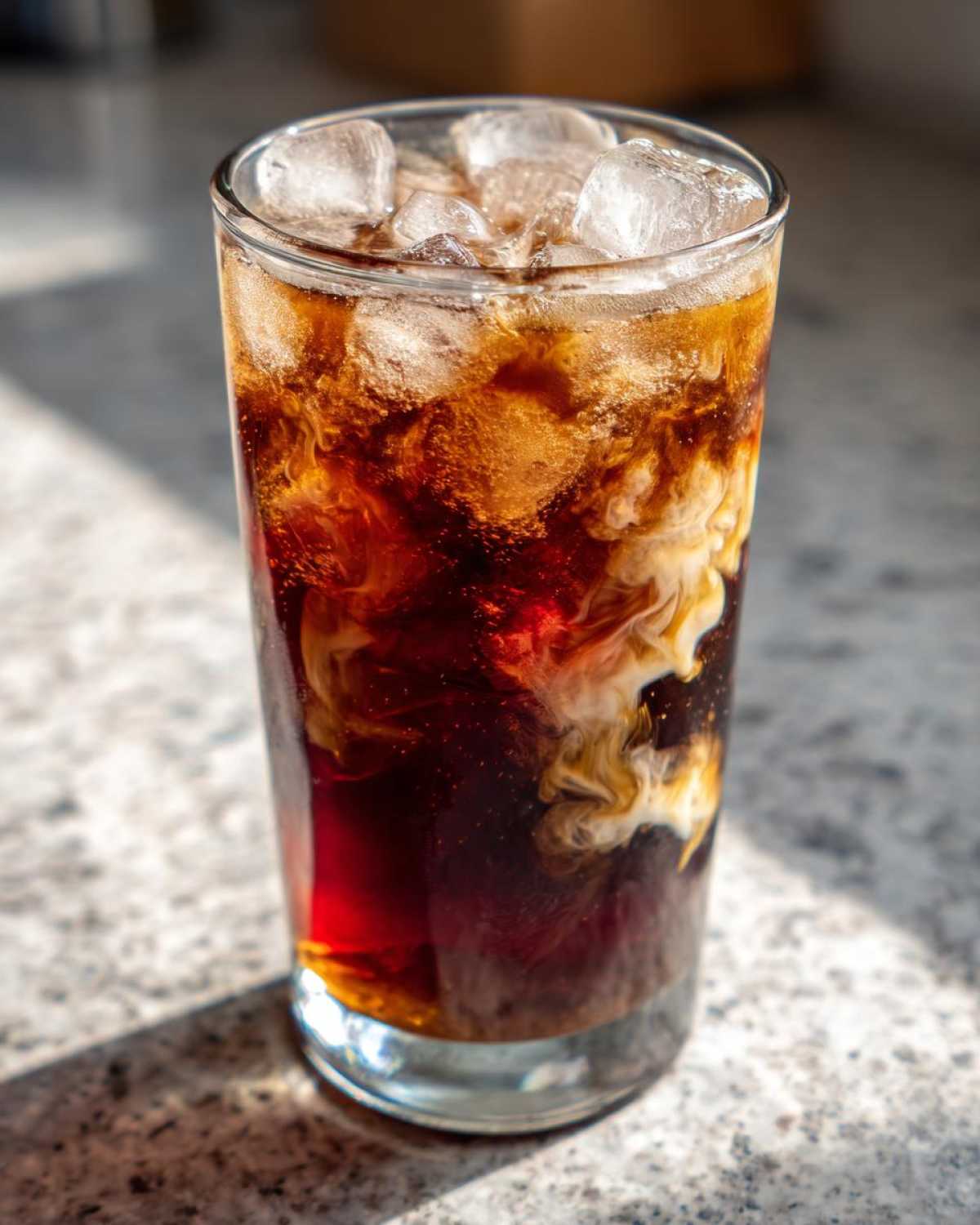 A tall glass of Iced Cherry Vanilla Cold Brew with ice cubes and cream swirling into the dark coffee.
