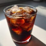 A glass filled with ice cubes and dark Iced Cherry Vanilla Cold Brew, glistening in bright sunlight.