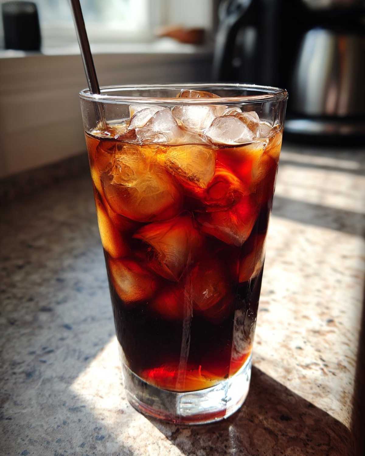 A tall glass filled with Iced Cherry Vanilla Cold Brew, dark coffee, and lots of ice cubes, resting on a speckled counter.