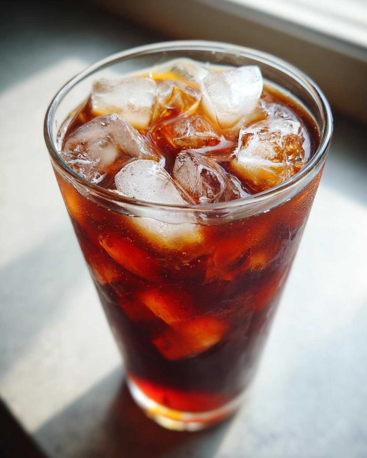 Close-up of a tall glass filled with Iced Cherry Vanilla Cold Brew and large ice cubes.