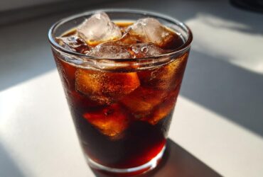 A glass filled with ice cubes and dark Iced Cherry Vanilla Cold Brew, glistening in bright sunlight.