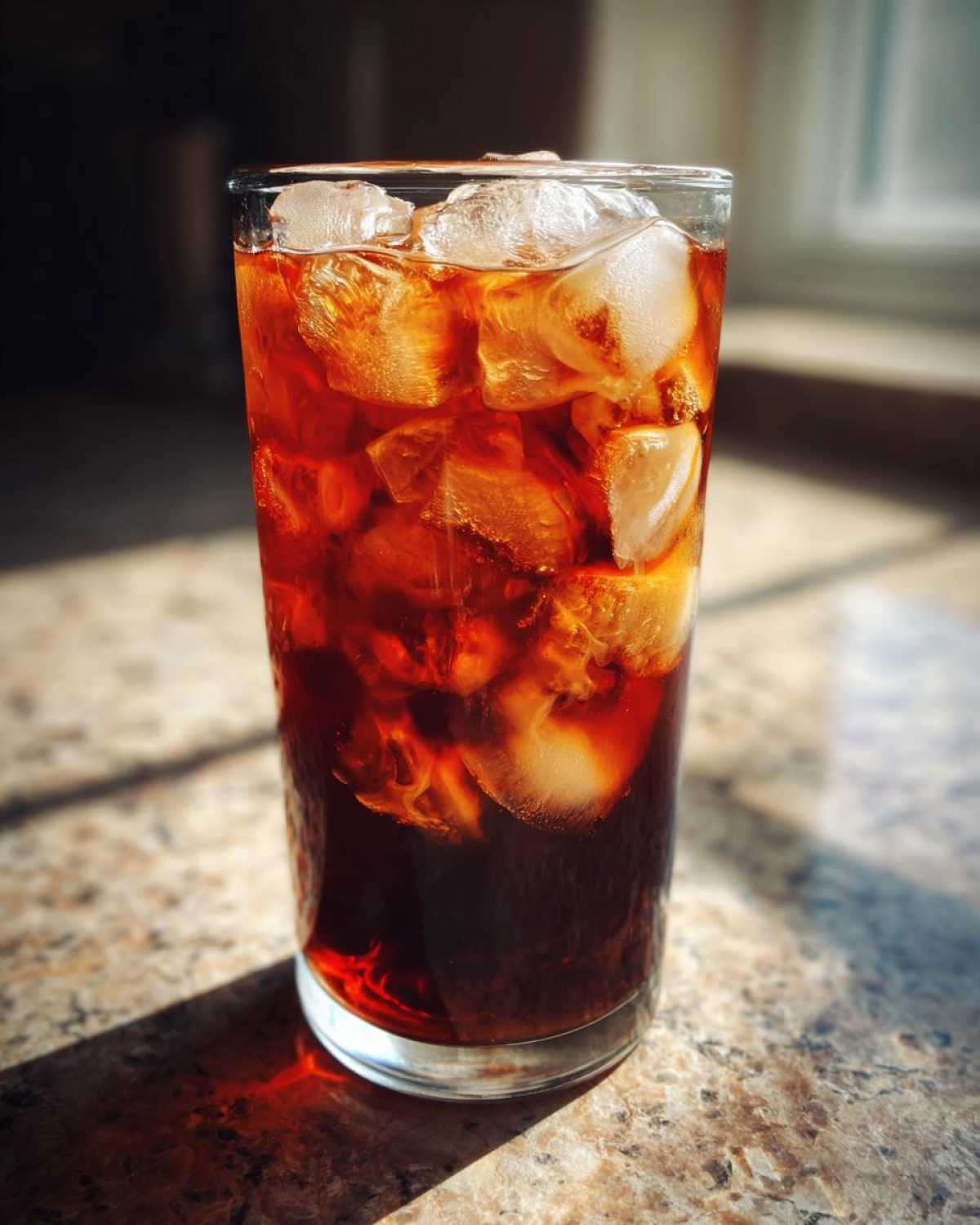 Tall glass filled with Iced Cherry Vanilla Cold Brew, ice cubes, and swirling cream.