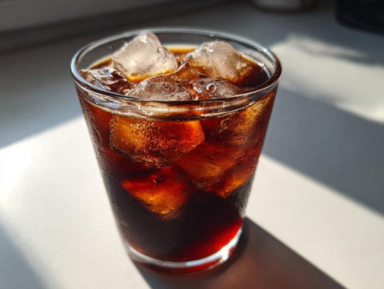 A glass filled with ice cubes and dark Iced Cherry Vanilla Cold Brew, glistening in bright sunlight.