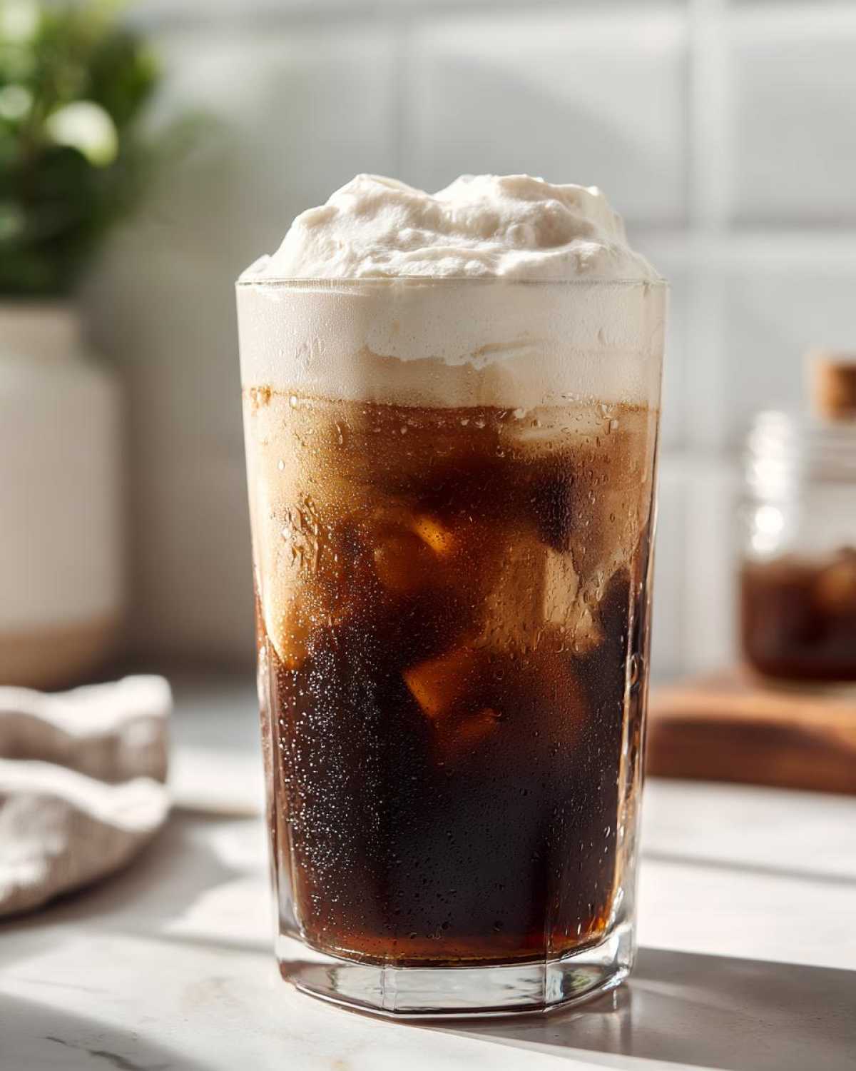 Close-up of a tall glass filled with iced Iced Coconut Mocha with Cold Foam, showing condensation on the glass.